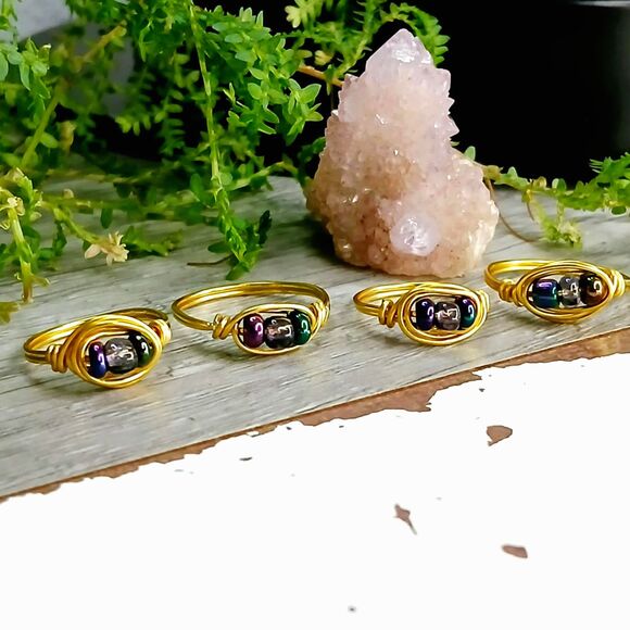 Dainty Metallic Seed Bead Glass Ring, Asst Sizes, Minimalist Stackable - Picture 1 of 2